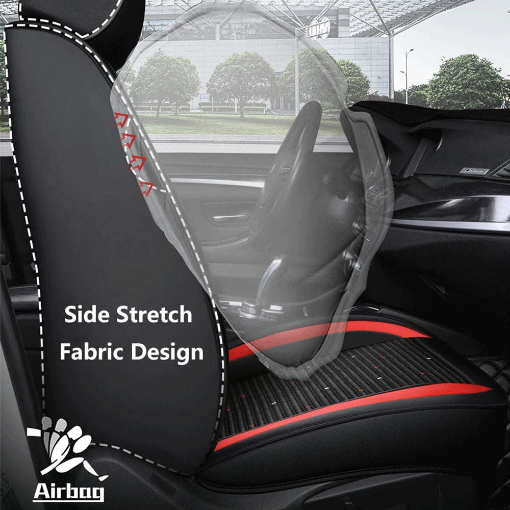 Feature close-up of Leather Car Seat Cover showing side stretch fabric design and airbag compatible seam construction