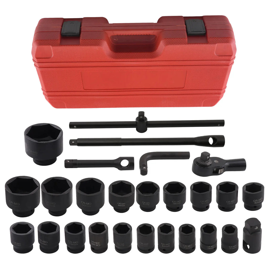 Heavy-Duty Impact Socket Set with red carry case, black chrome-molybdenum sockets, sliding T-bar, extensions, L-handle and ratchet