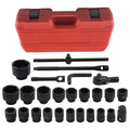 Heavy-Duty Impact Socket Set with red carry case, black chrome-molybdenum sockets, sliding T-bar, extensions, L-handle and ratchet