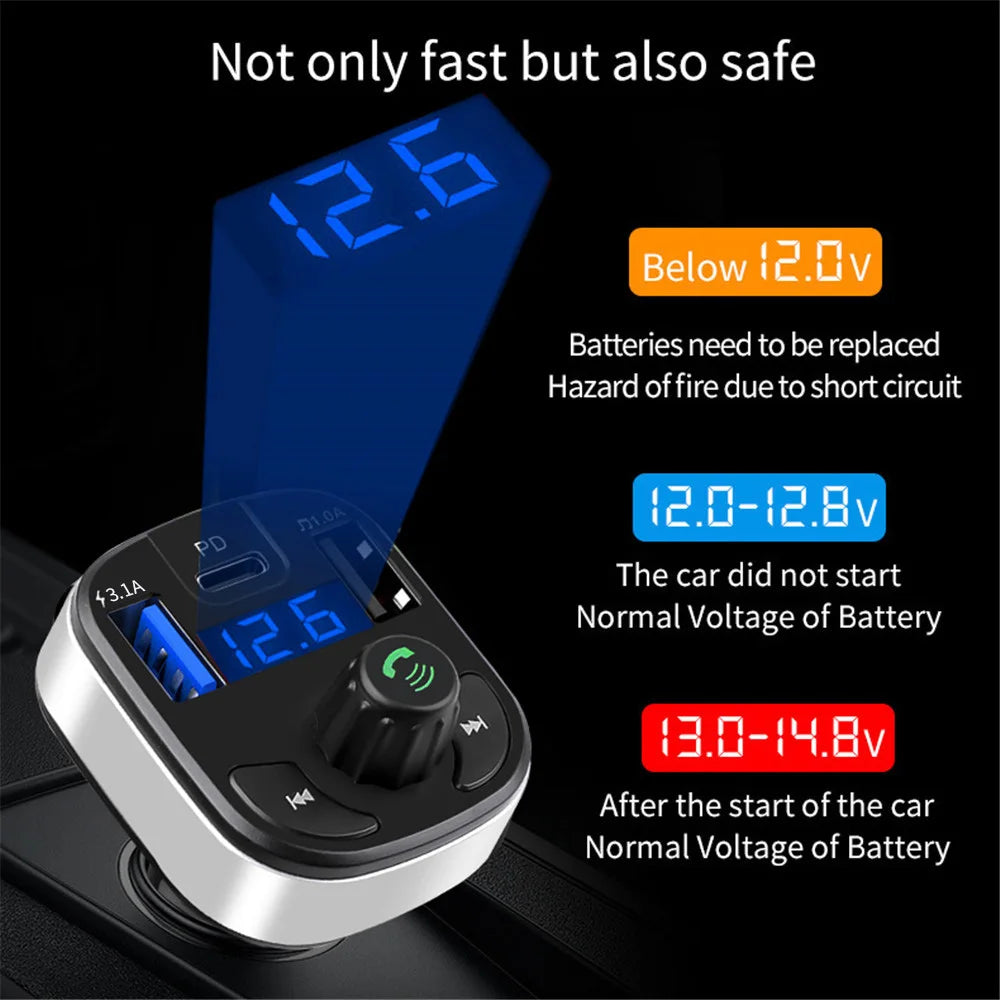 Triple-Port Bluetooth FM Transmitter LED display showing car battery voltage with 12.0V, 12.8V and 14.8V reference ranges