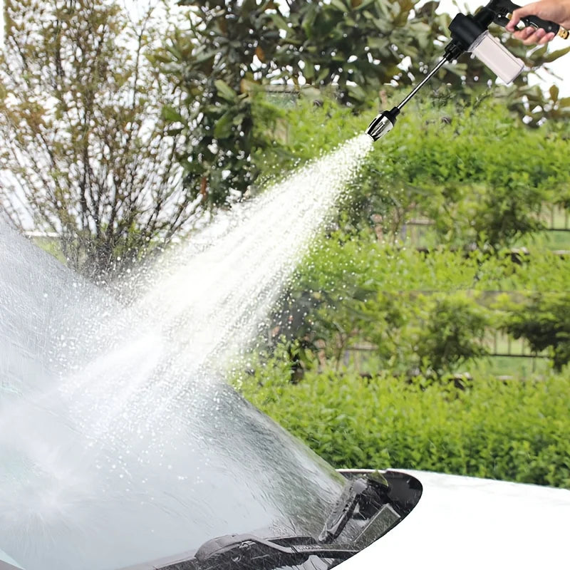 Long-Reach Foam Wash Lance spraying high-pressure water onto a car windscreen and bonnet outdoors