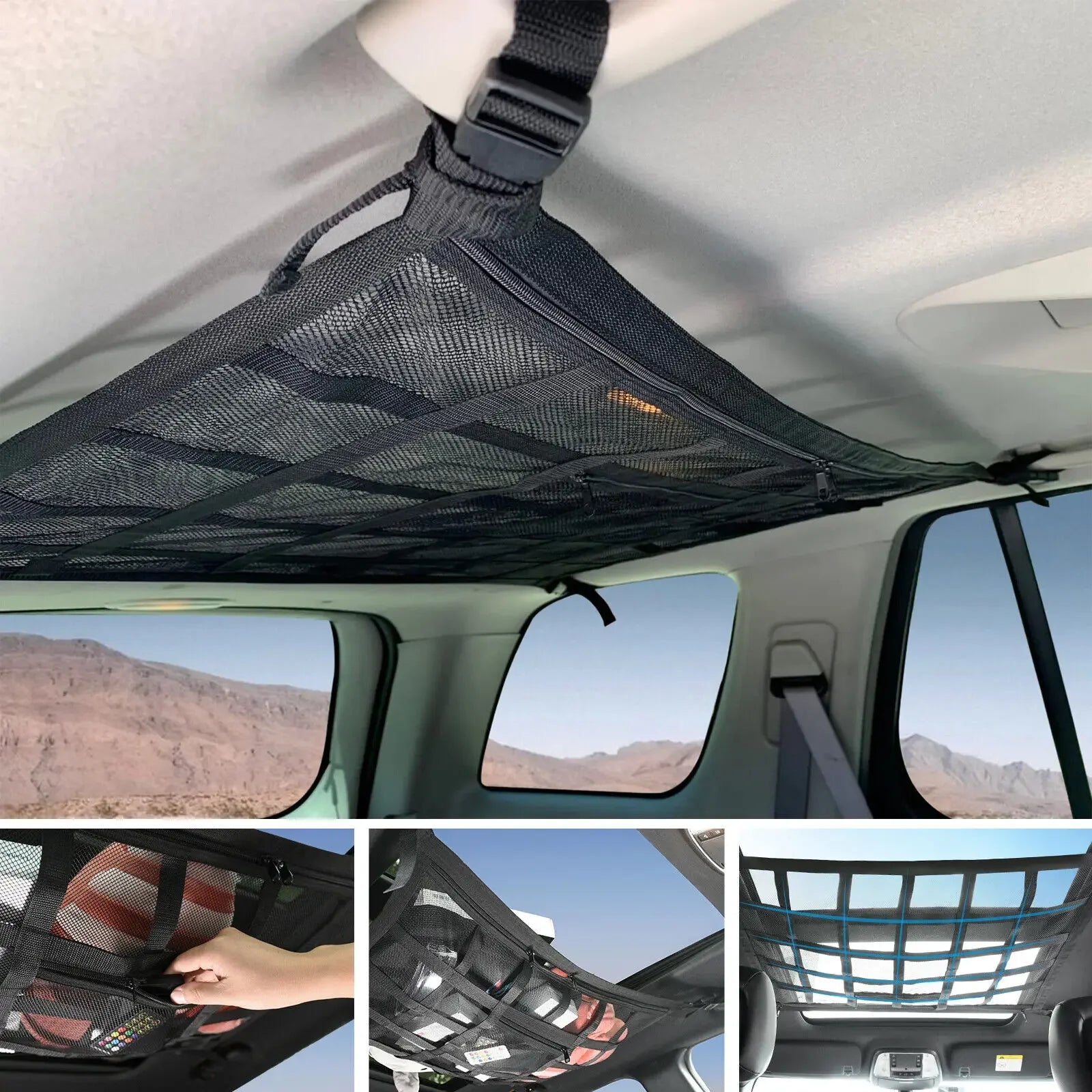 Car ceiling cargo net installed overhead with desert road trip inset photos