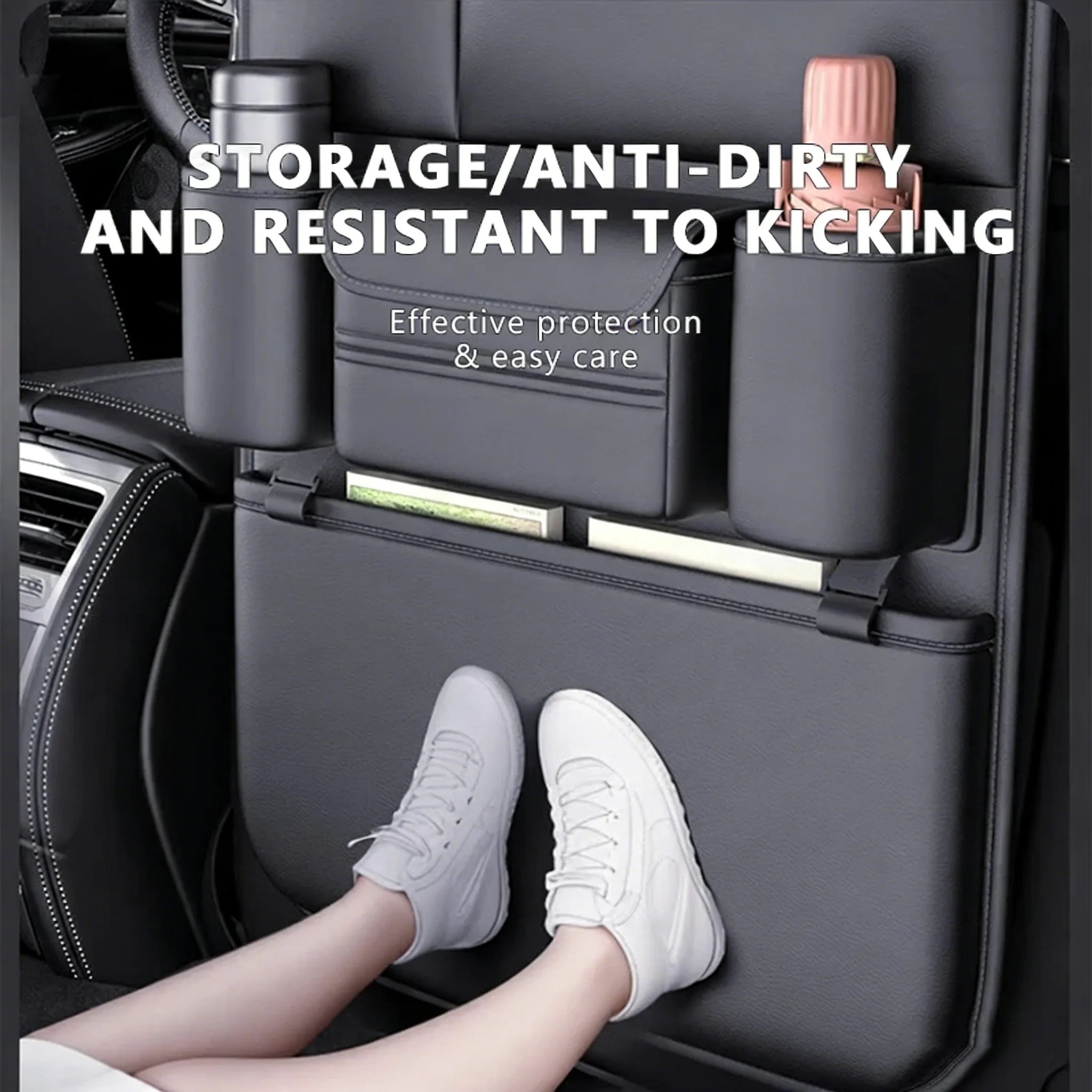 Car backseat organiser protecting seat back from kicks with effective storage and easy care protection
