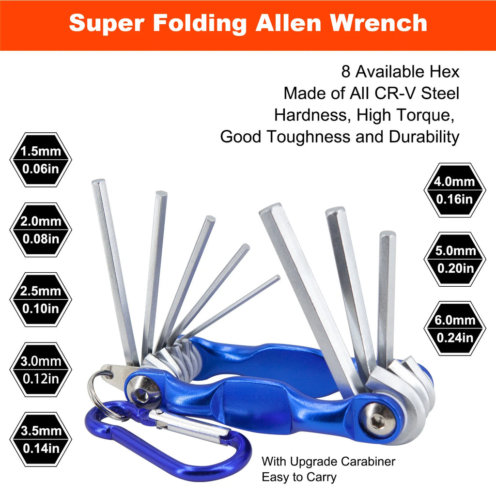 Folding Allen wrench set with 8 hex sizes and carabiner from the Deluxe Tyre Repair Kit