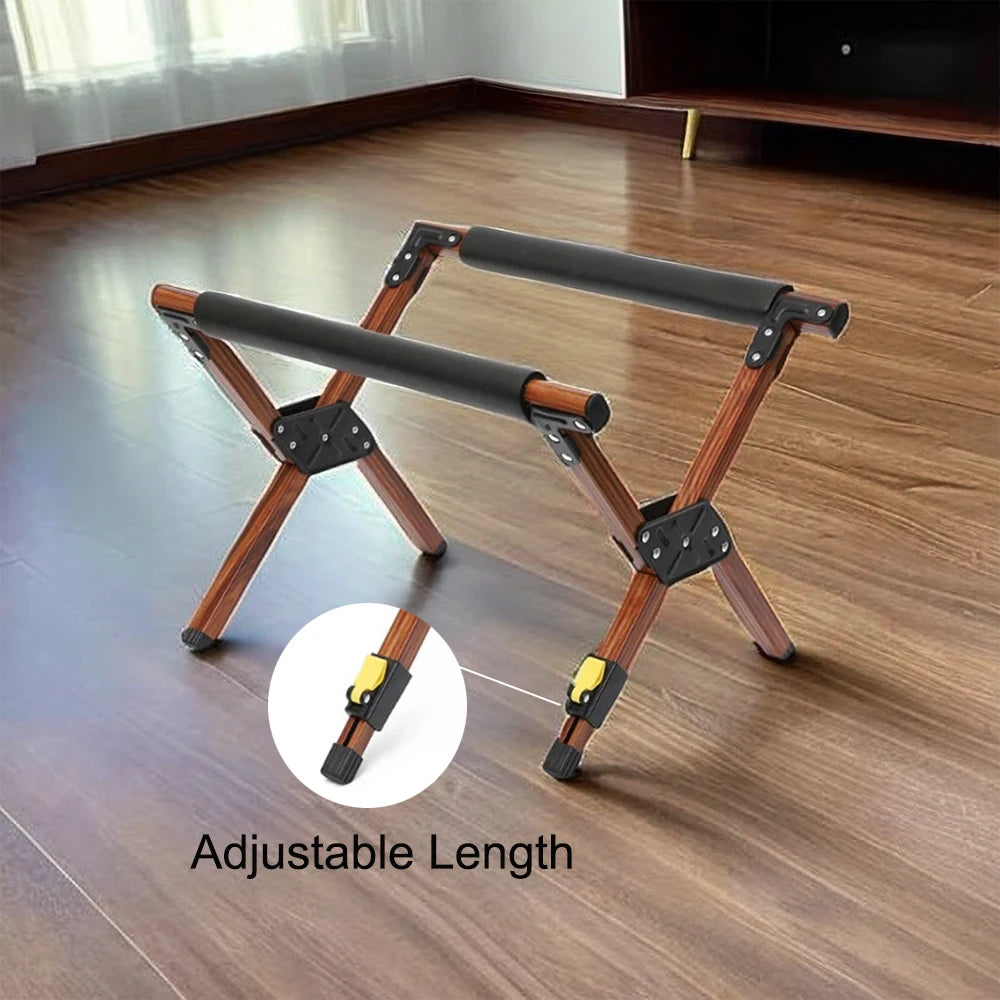 Wood-grain folding cooler stand set up on a timber floor with close-up of the adjustable-length leg clip