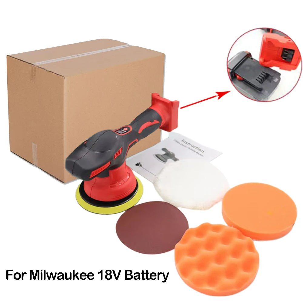 Cordless Car Polisher for Milwaukee 18V battery packaged with wool bonnet, sanding disc, polishing pads and instruction manual