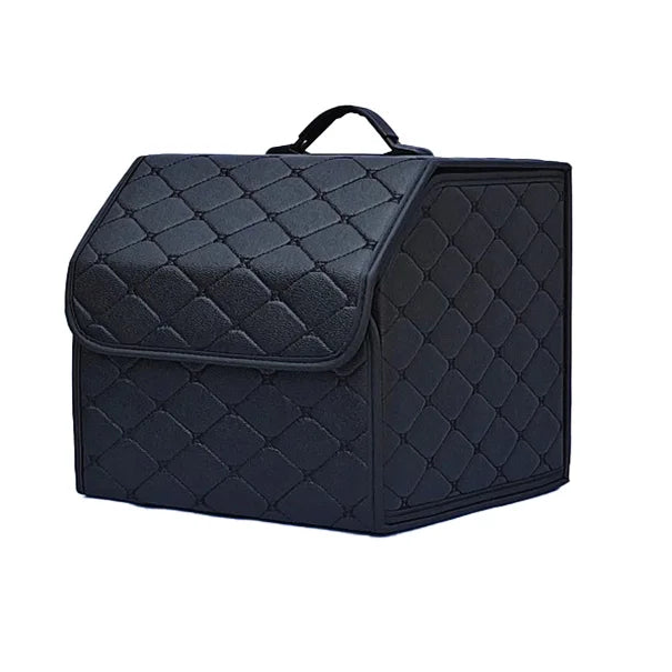 Heavy-Duty Leather Car Boot Organiser in black diamond-stitched design, alternate angle on a white background