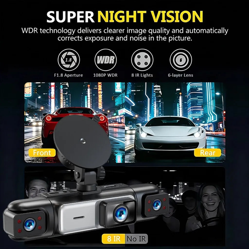 WiFi Smart Dash Cam super night vision comparison of front and rear car footage plus infrared cabin recording of driver and passenger