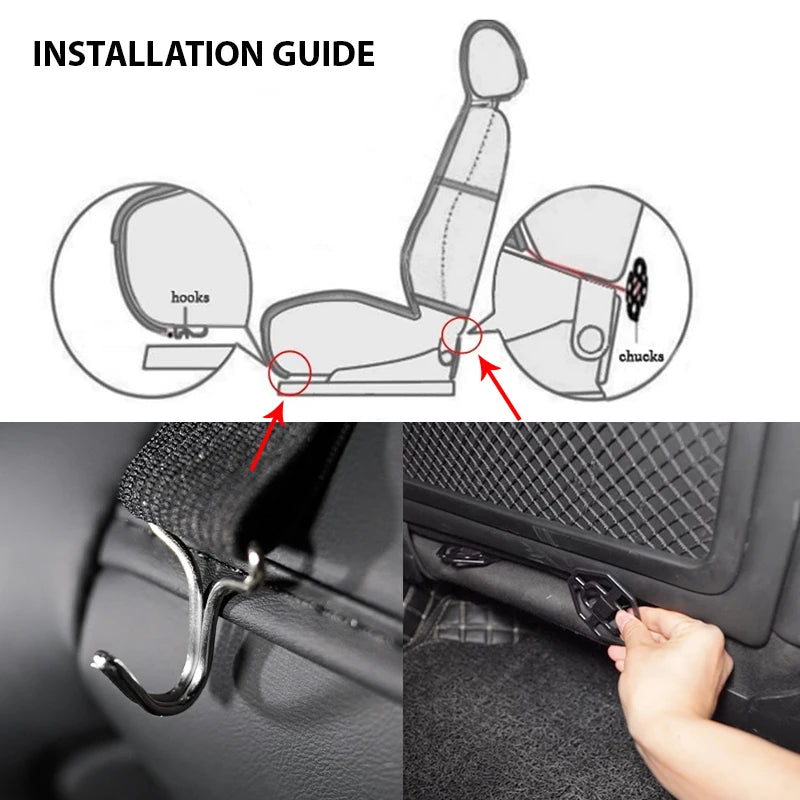 Front Seat Cushion Cover installation guide diagram showing hook and chuck fastener positions with reference photos