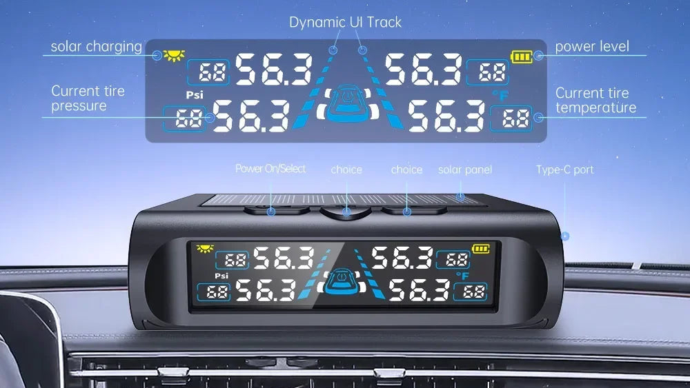Car tire pressure monitor with digital display on a dashboard, showing tire pressure and temperature data.