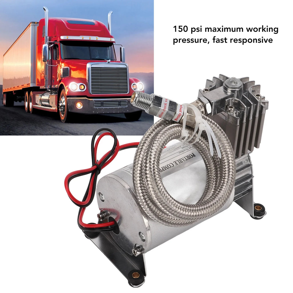 12V air compressor rated 150 PSI maximum working pressure shown with semi truck