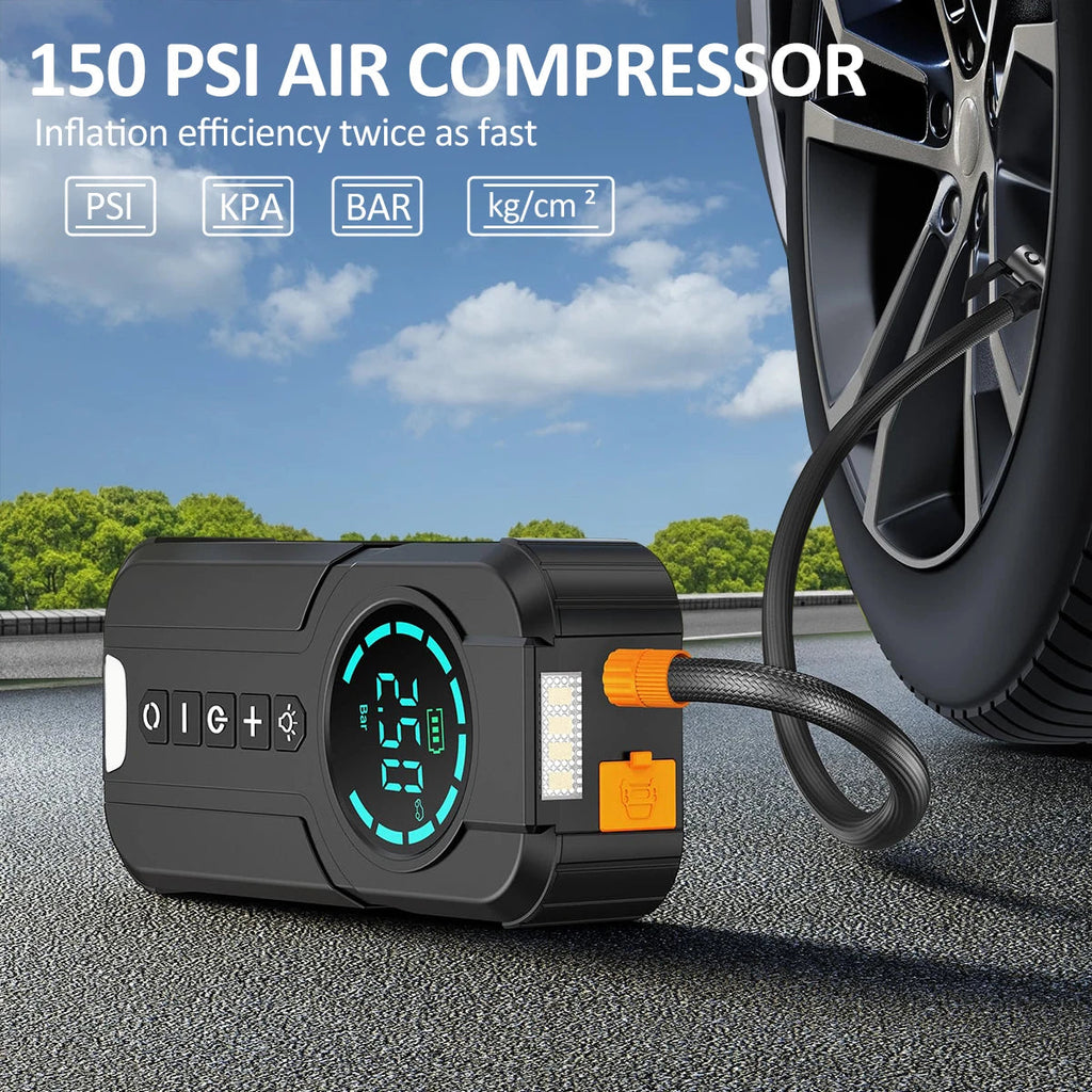 Compact Jump Starter Kit inflating a car tyre using its built-in 150 PSI air compressor and hose on the roadside