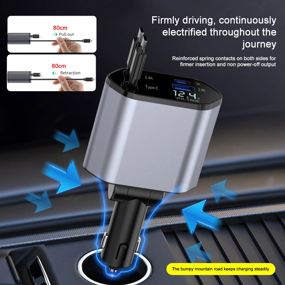4-in-1 Retractable Car Charger plugged into a car console with blue arrows illustrating stable charging while driving.