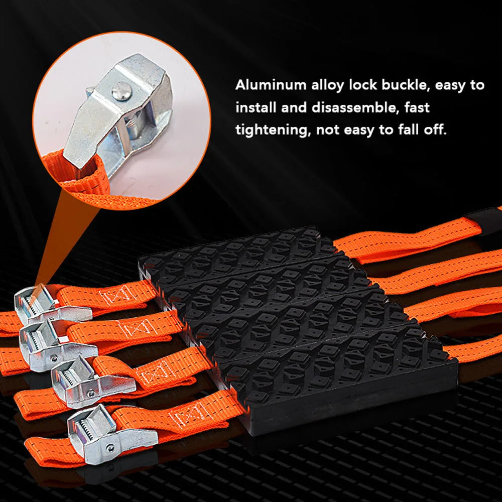 Set of Strap-On Tyre Traction Cleats with close-up of the aluminium alloy lock buckle on orange straps
