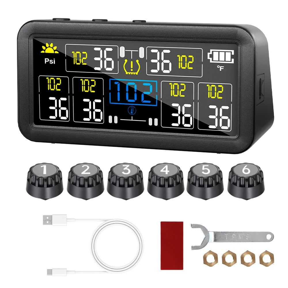 4WD & Caravan Tyre Monitor six-tyre kit with colour display, six numbered valve cap sensors, USB cable, adhesive pad, wrench and lock nuts