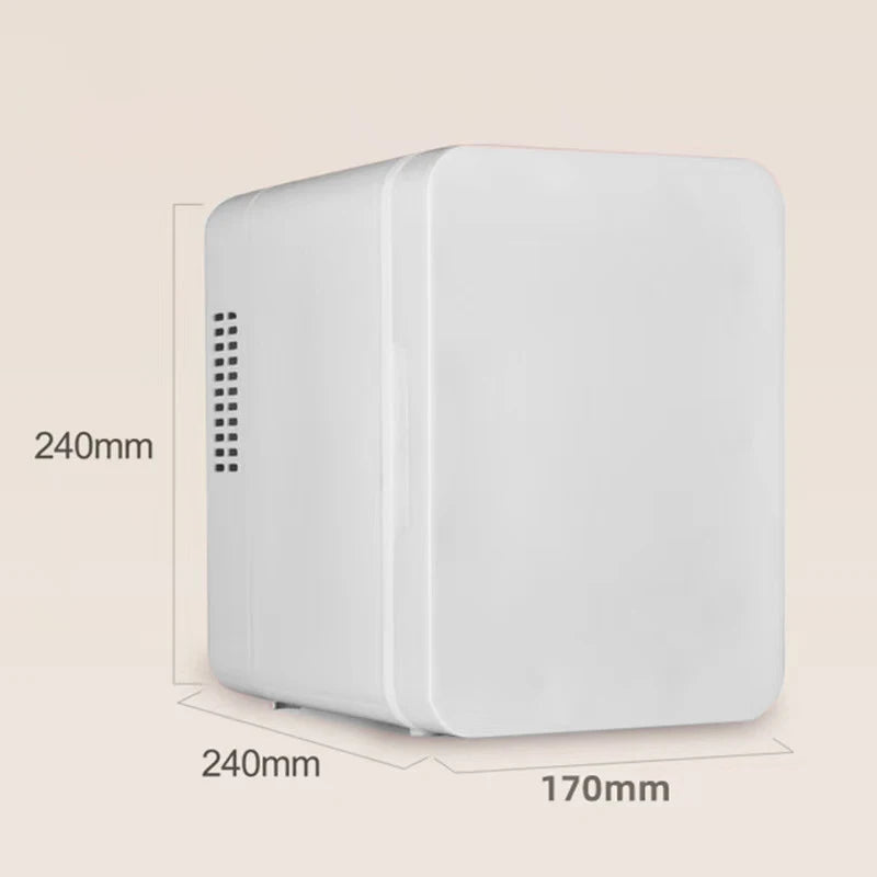 Portable 4L Mini Fridge closed in white with dimensions of 240 mm high, 240 mm deep and 170 mm wide