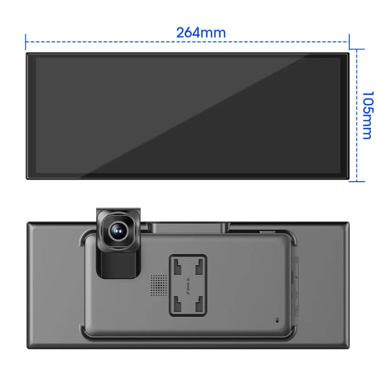 Widescreen 4K CarPlay Dash Cam dimensions diagram showing 264 mm by 105 mm screen and rear view of built-in front camera and mount