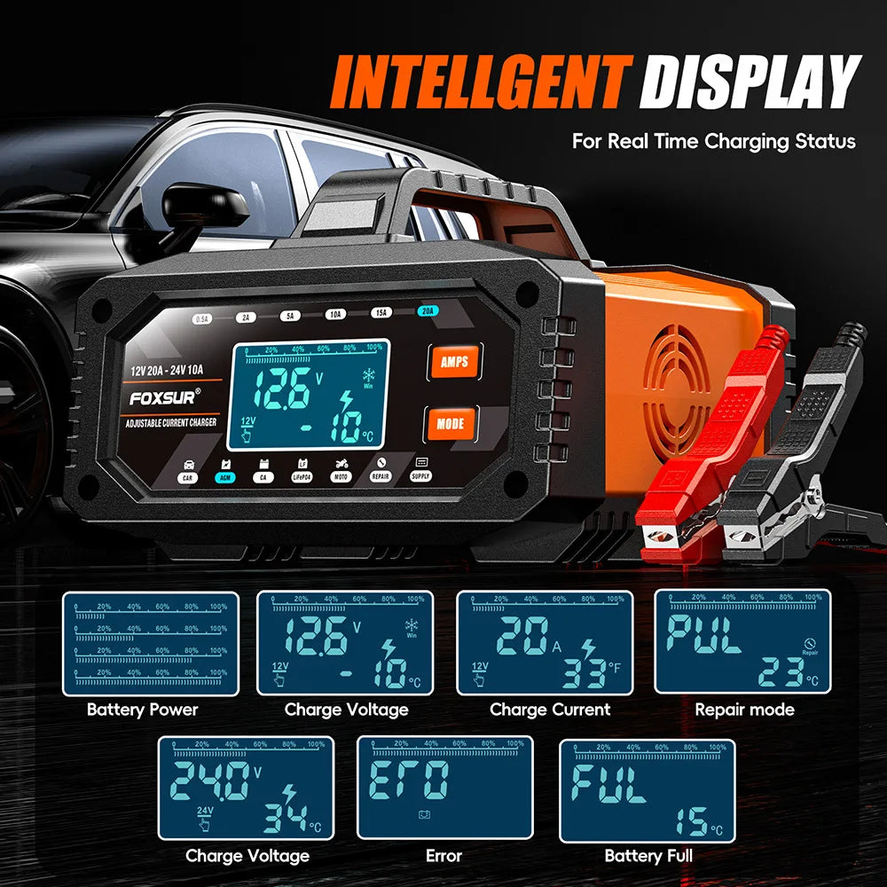 20A Smart Battery Charger LCD screen modes showing battery level, charge voltage, charge current, repair mode and full charge