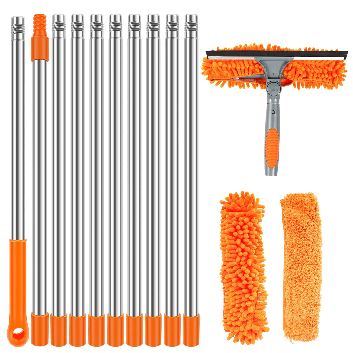 Telescopic Window Squeegee in Sunset Orange with full pole, tube segments and dual-pad squeegee head on a white background
