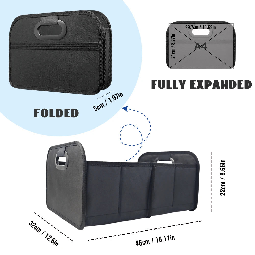 Foldable trunk organiser shown folded flat to A4 paper size and fully expanded with dimensions 46 by 32 by 22cm