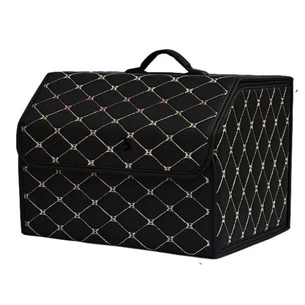 Heavy-Duty Leather Car Boot Organiser in black with gold diamond stitching, foldable trunk storage box variant