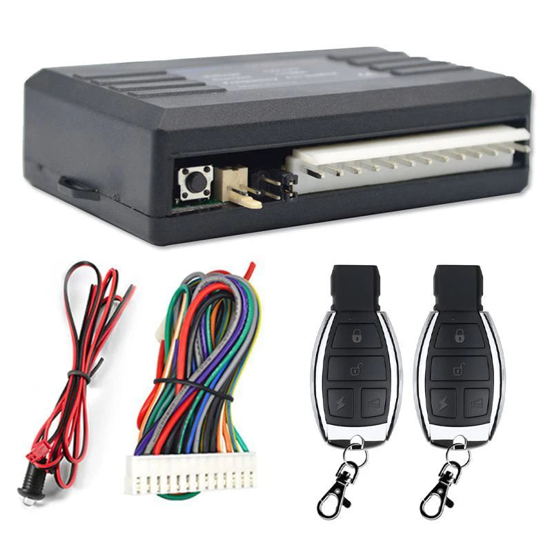 Remote Central Locking Kit control box with wiring harness and two Mercedes-style remote key fobs