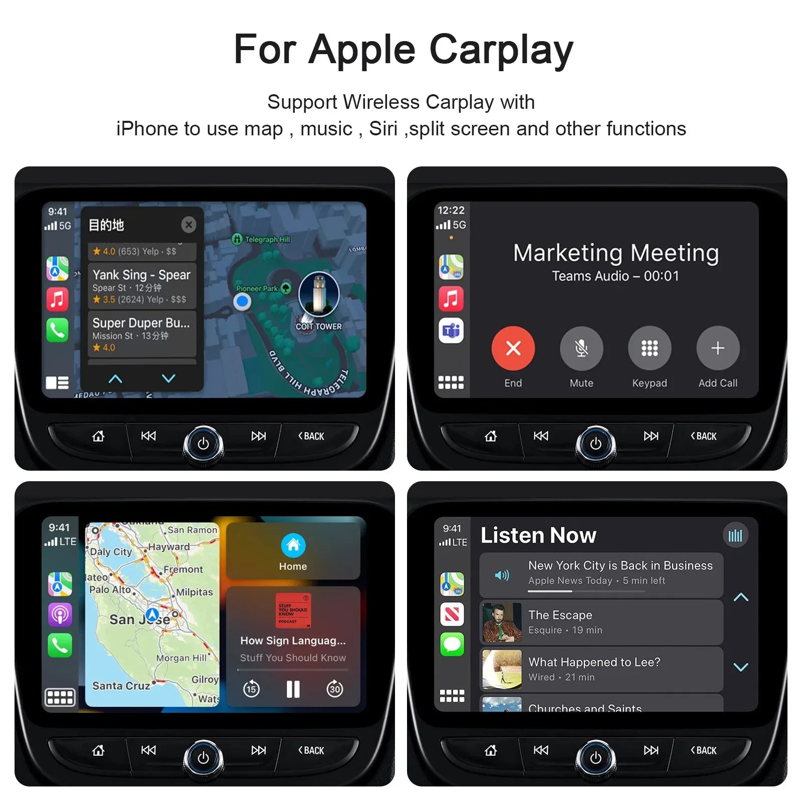 Wireless CarPlay Adapter compatibility screens showing Apple CarPlay navigation, music and call interfaces on a car display.