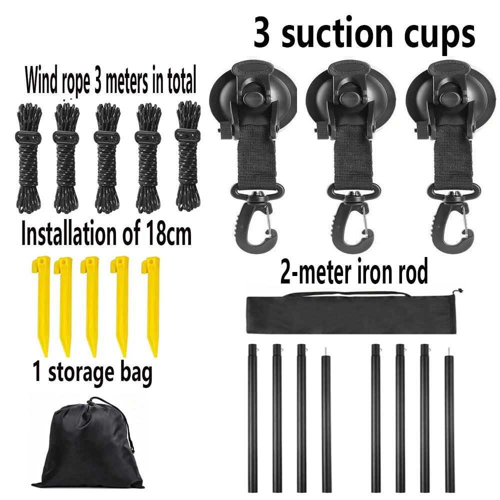 Expedition Side Sunshade accessory kit including wind ropes, ground stakes, suction cup clips, storage bag and iron support rods