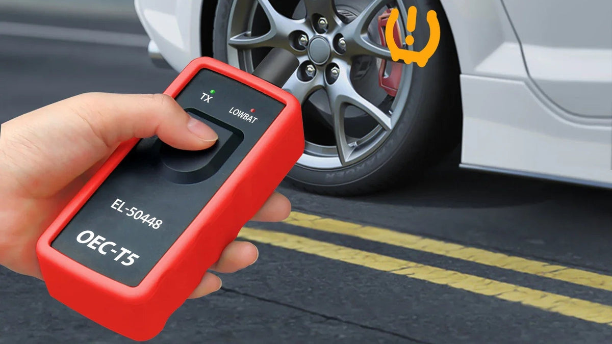 TPMS Reset Tool being used on a car tire with text indicating fast and strong operate signal.