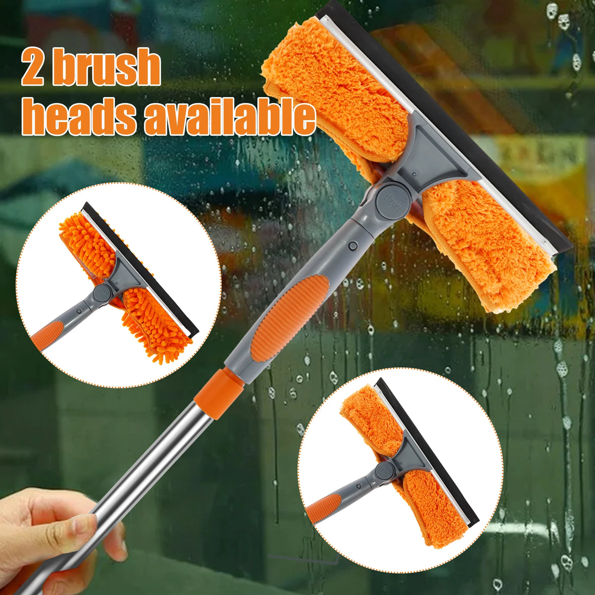 Telescopic Window Squeegee showing the two interchangeable head types, chenille mitt and microfibre terry cloth