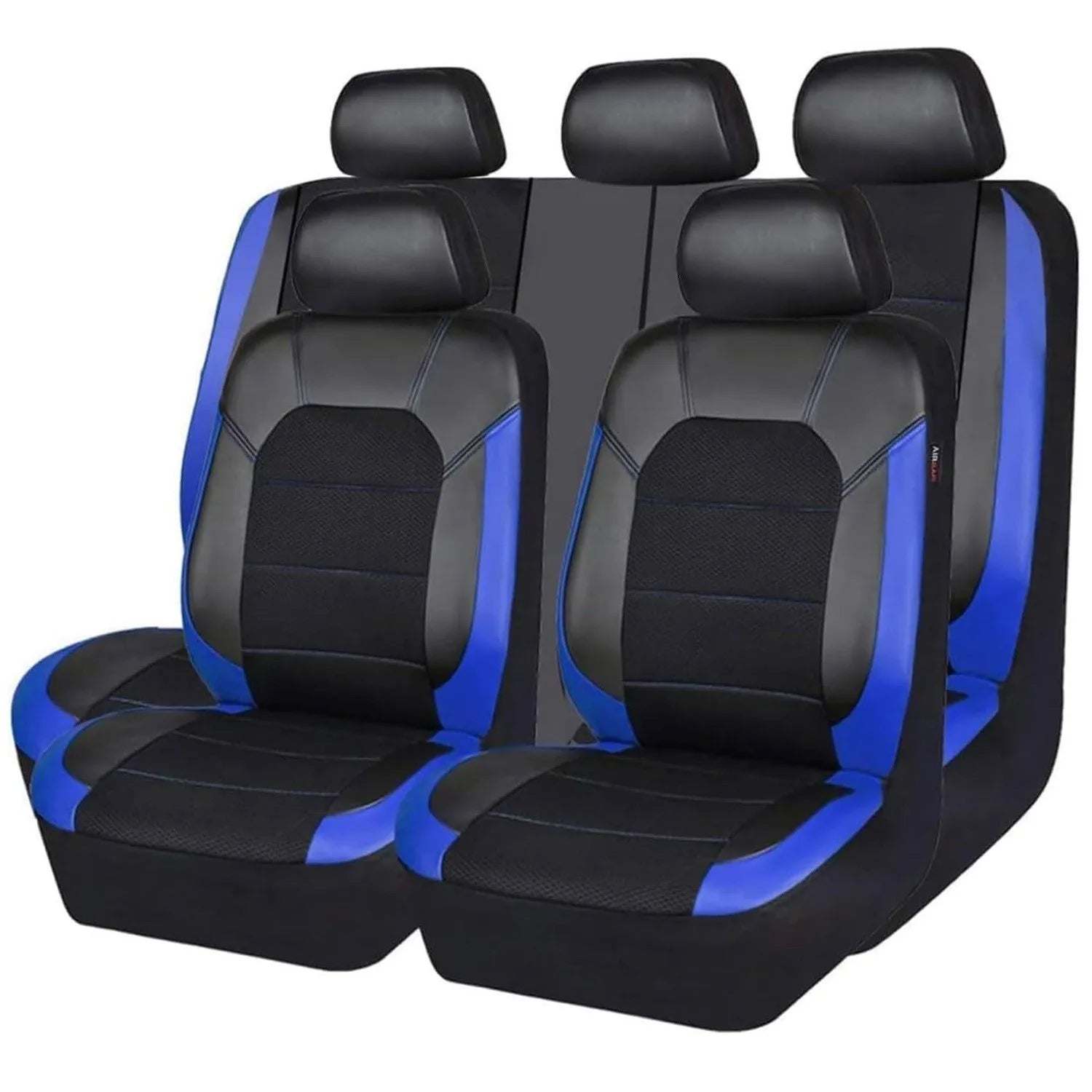 Blue and black 9-piece full car seat cover set on white background