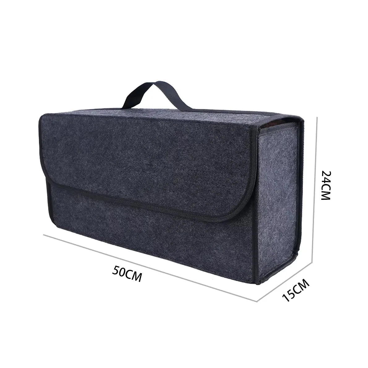 Dark grey felt car storage box in the thicker 3mm felt option, measuring 50 by 24 by 15 centimetres with a carry handle, shown on a white background.