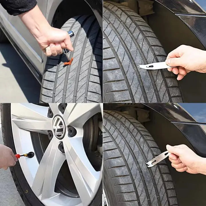 Four photos showing the Tyre Repair Tool Kit being used to plug a punctured car tyre with a reamer and rubber repair strip