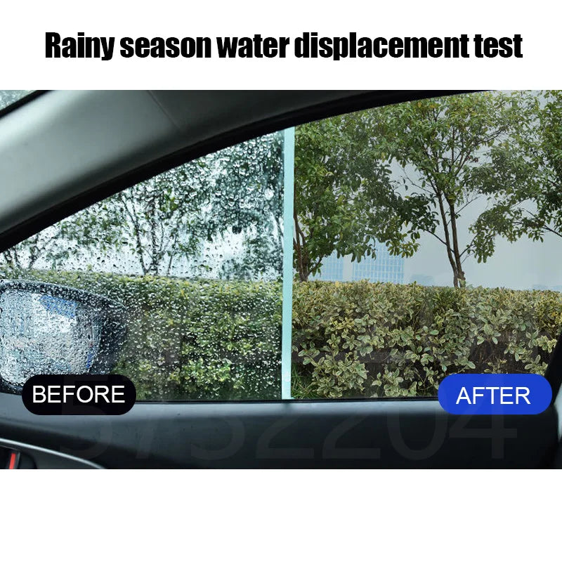Before and after test of a car side window showing raindrops beading and rolling off after Hydrophobic Glass Shield application