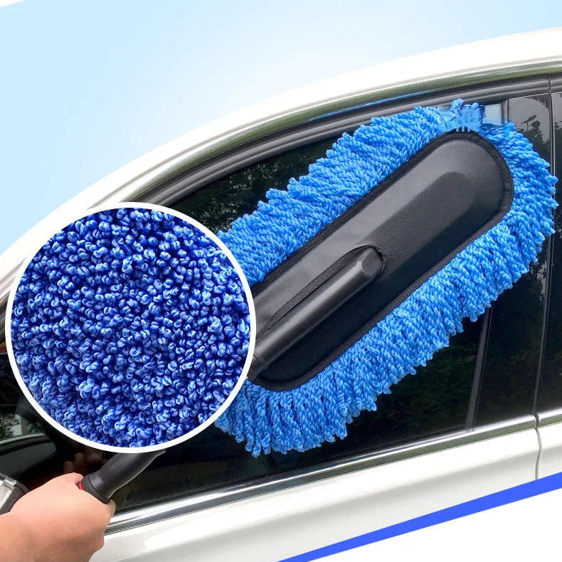 Close-up of blue chenille microfibre bristles cleaning a car window with a macro texture inset