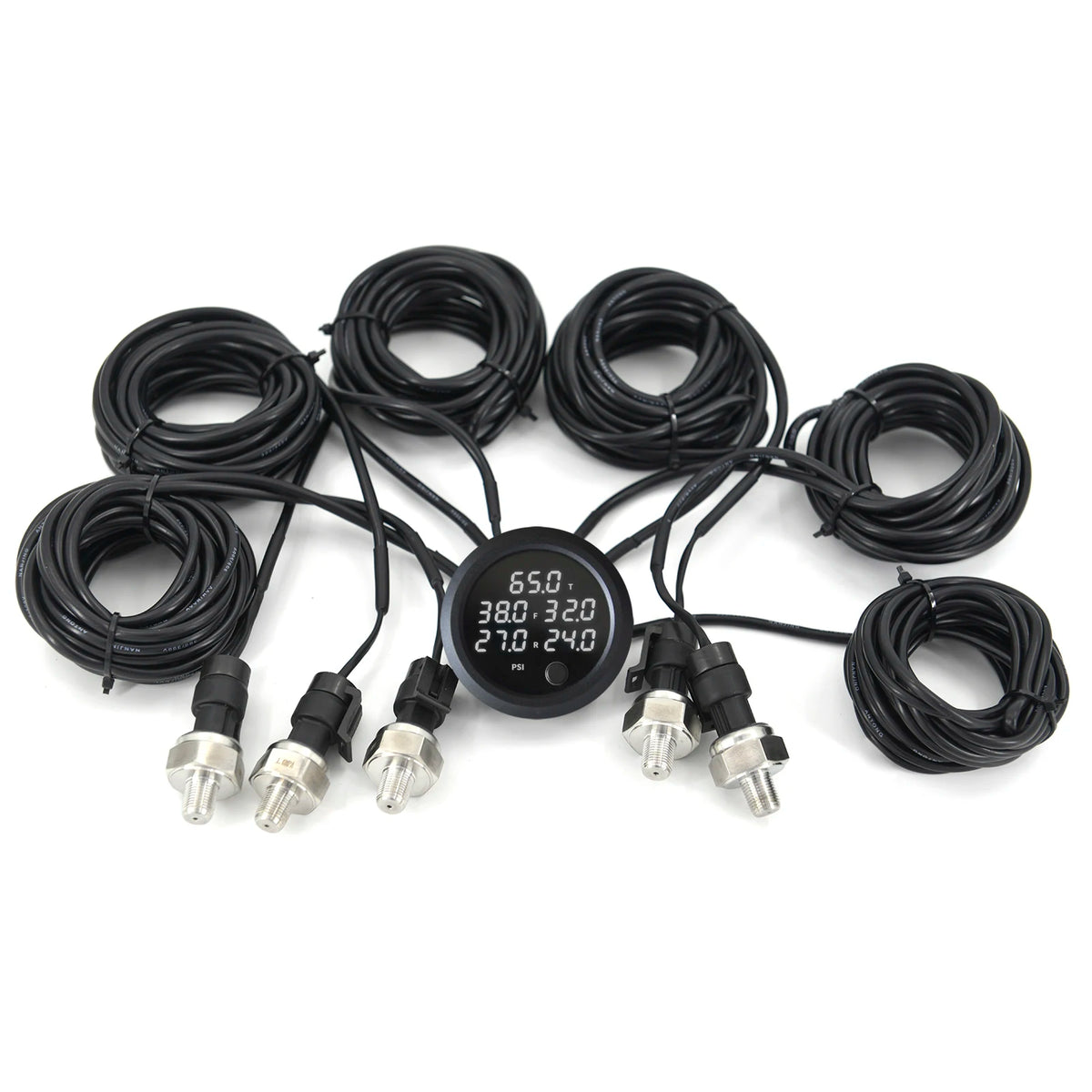 5-Channel Air Suspension Gauge with white digital display, five stainless steel pressure sensors and coiled wiring harnesses