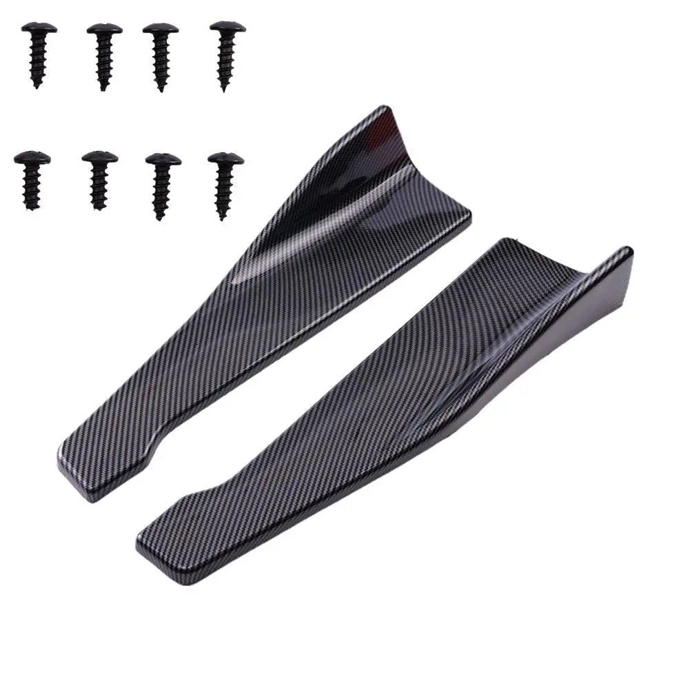 Carbon fibre pattern side skirt splitter set with mounting screws, a pair of ABS rocker panel splitter blades photographed on a white background