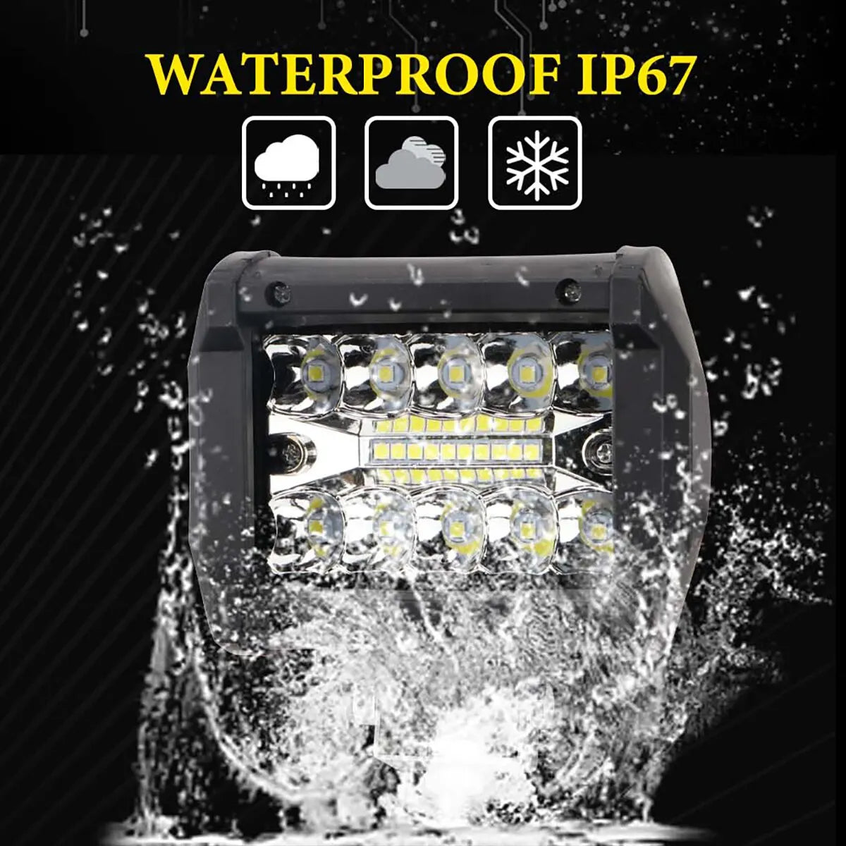 Compact LED Work Light with IP67 waterproof rating being splashed with water on a black background