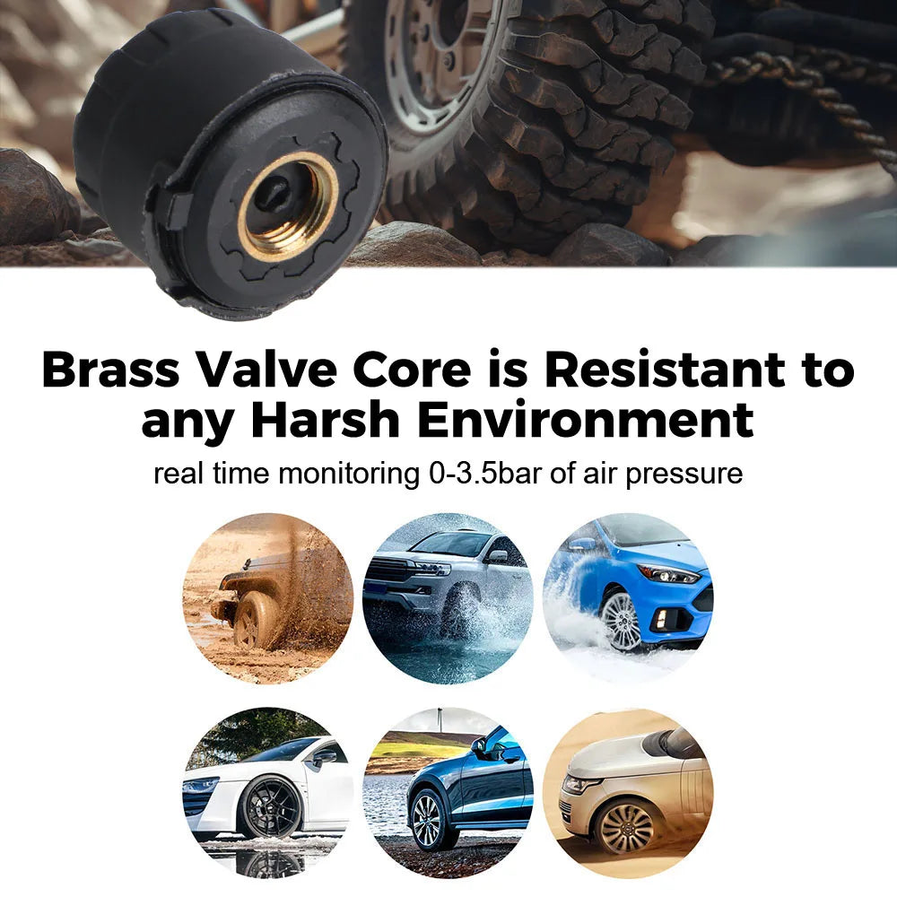 Close-up of Compact USB Tyre Monitor external sensor with brass valve core, monitoring 0 to 3.5 bar tyre pressure on mud, water, snow and sand