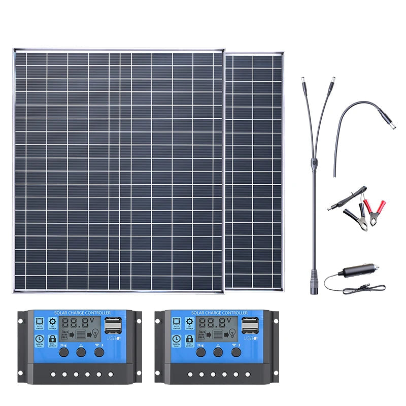 Two portable 12V solar panels wired together with dual digital charge controllers for extra power