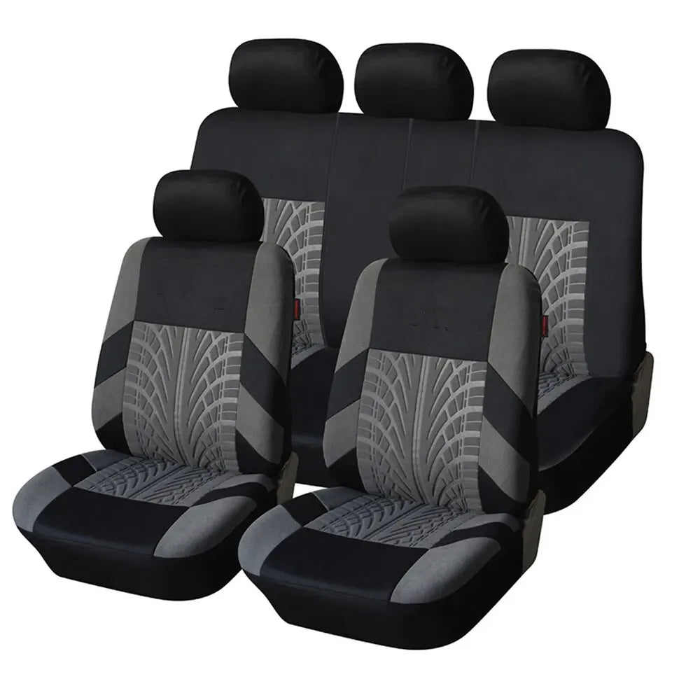 Full set of Ash Grey and black universal car seat covers laid out on a white background.