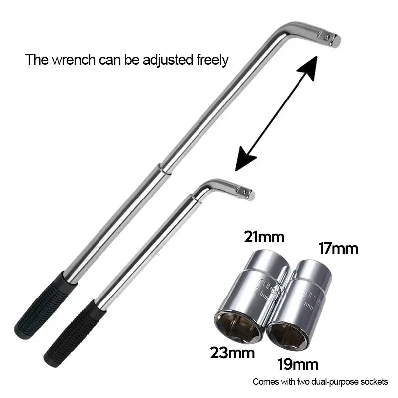 Diagram comparing the telescopic lug wrench before and after extension with two chrome sockets labelled 17mm, 19mm, 21mm and 23mm