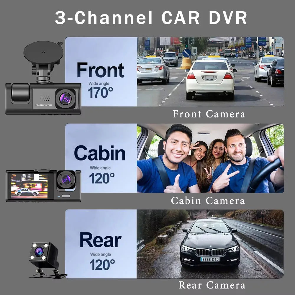WiFi 3-Lens Dash Cam three channel car DVR showing front, cabin and rear camera example footage