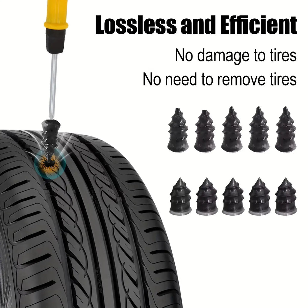 Heavy-Duty Tyre Repair Kit reamer tool and rubber repair strips shown repairing a tyre without removal