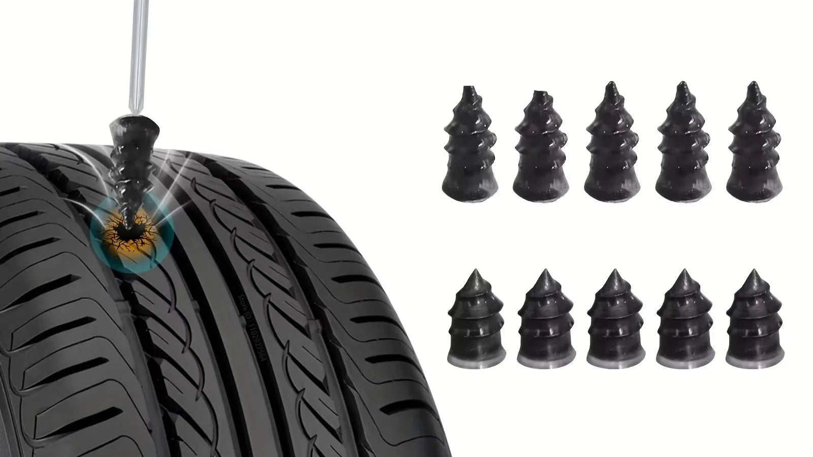 Tire repair tool with screws and text indicating no damage to tires and no need to remove them.