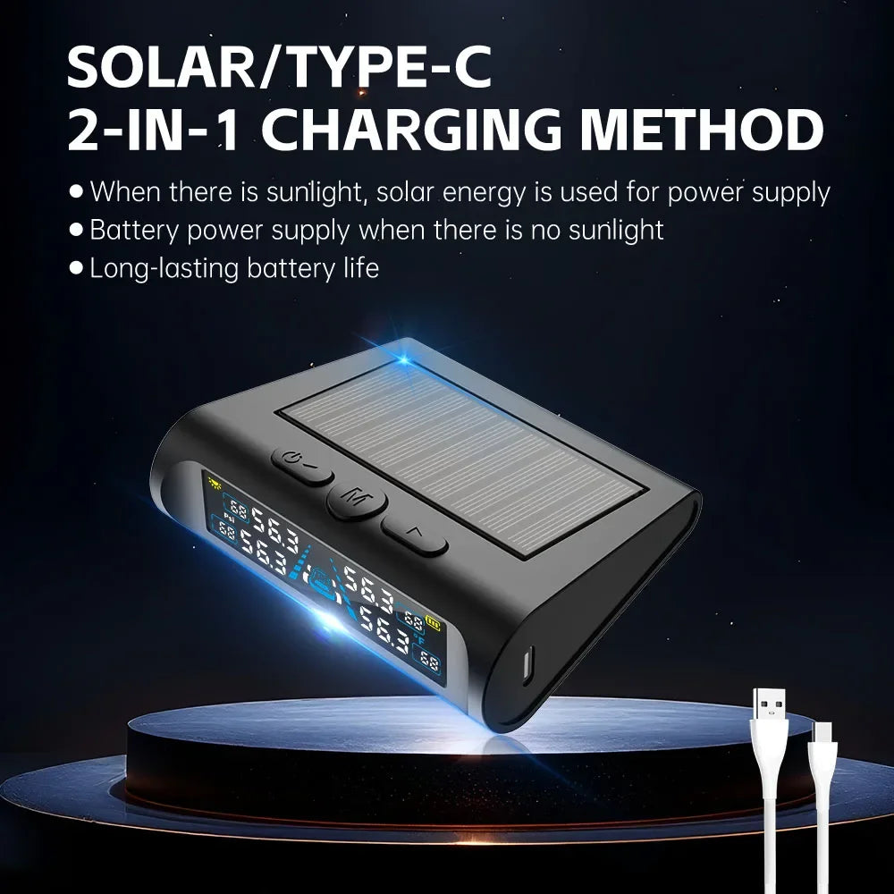 Solar tyre pressure monitor showing its top solar panel and USB-C charging cable for dual charging