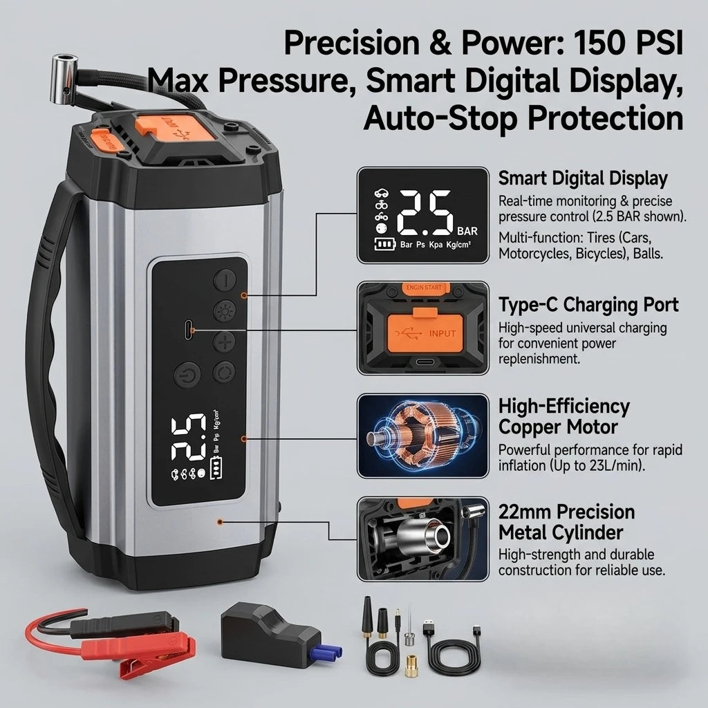 6-in-1 Jump Starter & Inflator feature diagram showing 150 PSI digital display, USB-C charging port, copper motor and metal cylinder