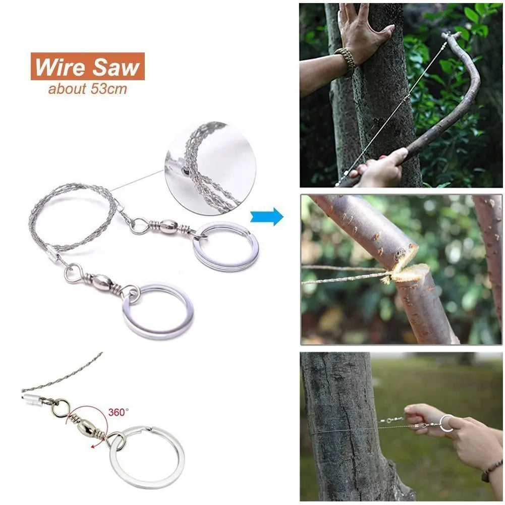 Vehicle Survival Tool Kit 53 cm stainless steel wire saw with finger rings, shown cutting through tree branches