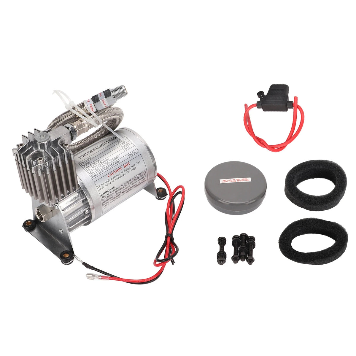 Complete 12V air compressor kit with fuse holder, foam mounting rings, screws and cap