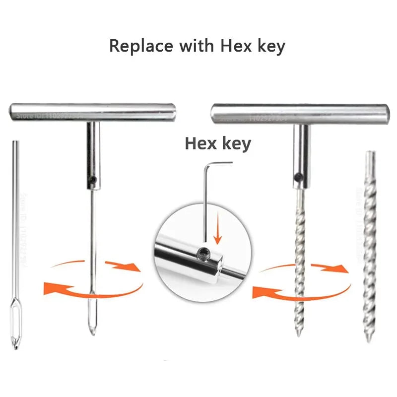 Instructional diagram showing how to replace the Tyre Repair Tool Kit's probe using the included hex key